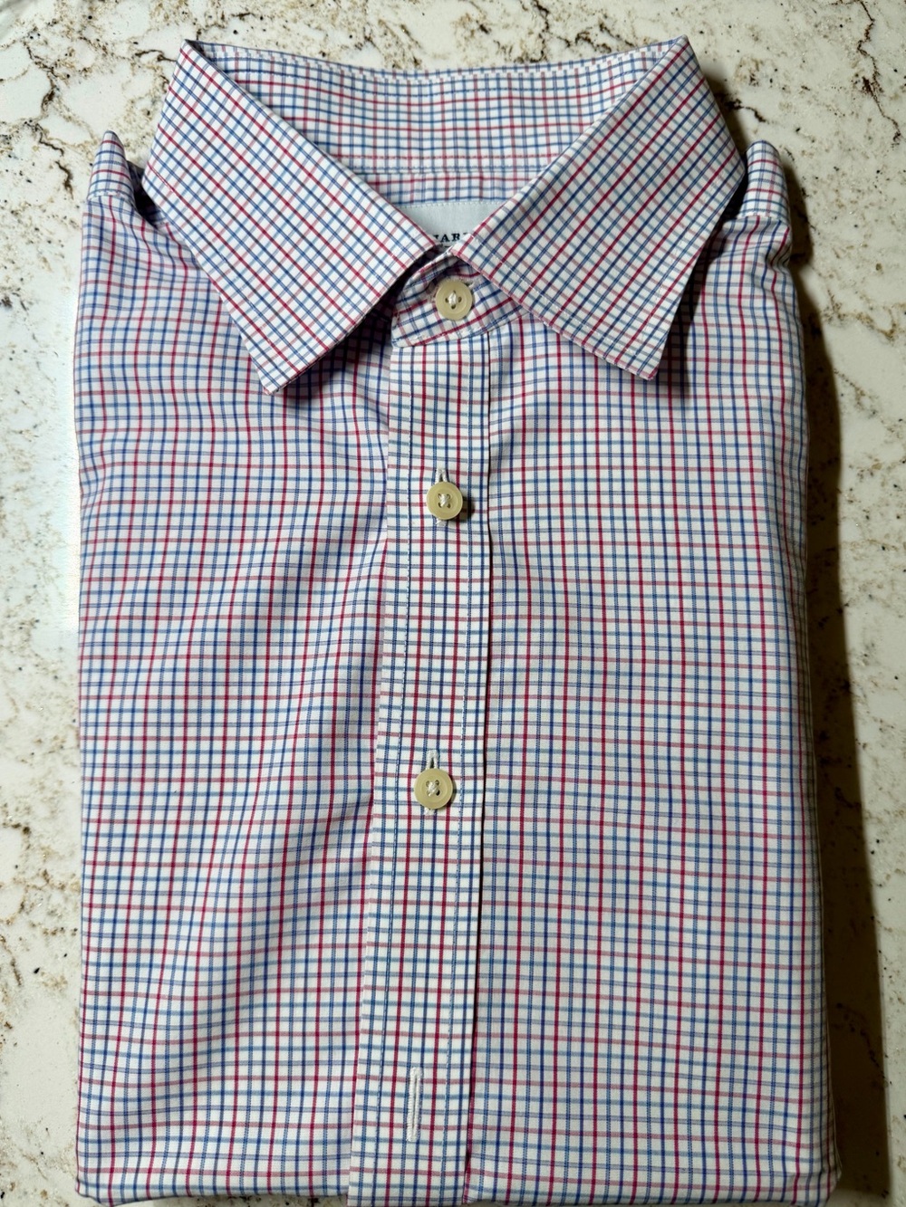 Charles Tyrwhitt White Dress Shirt with Red & Blue Windowpane 16.5/ 34
